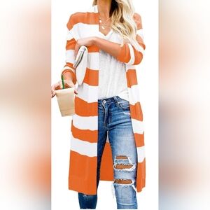 Orange and White Striped Women's Sweater Cardigan